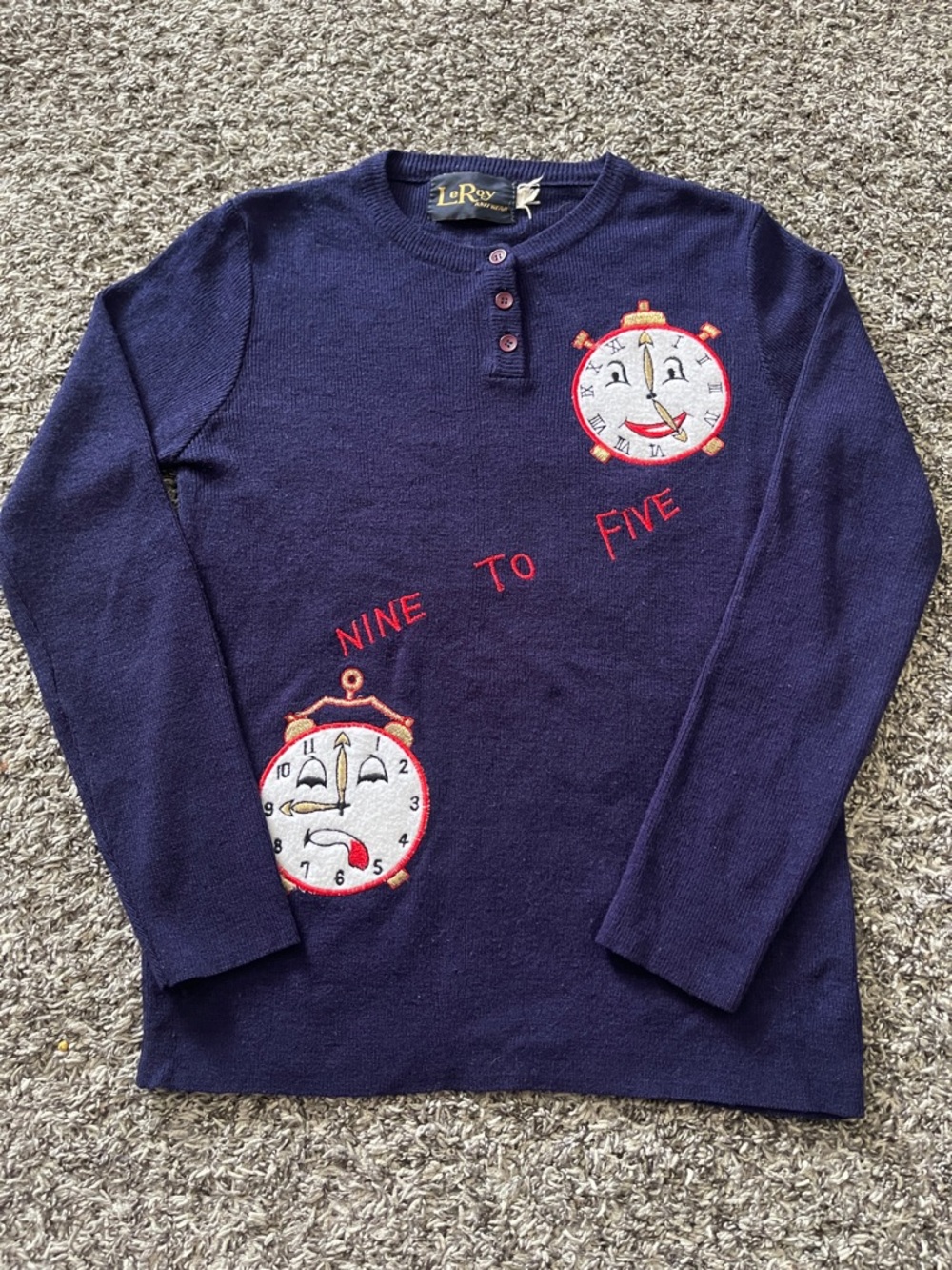 LeRoy Knitwear "Nine To Five" Navy Blue Embroidered Sweater W/ Clock Appliqués